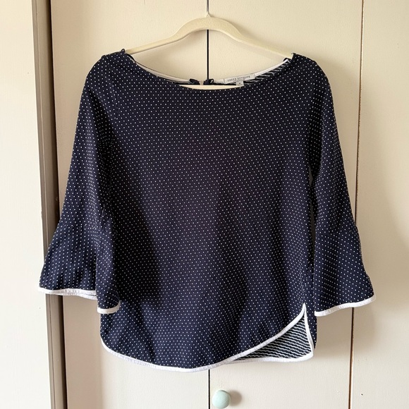 Green Envelope Tops - Green Envelope Navy and White Polka Dot Top w 3/4 Bell Sleeves Size M